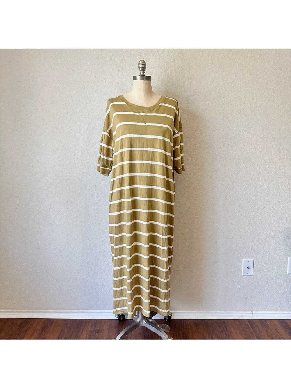 MADEWELL T-Shirt Dress Yellow Ochre White Striped Short Sleeve Maxi